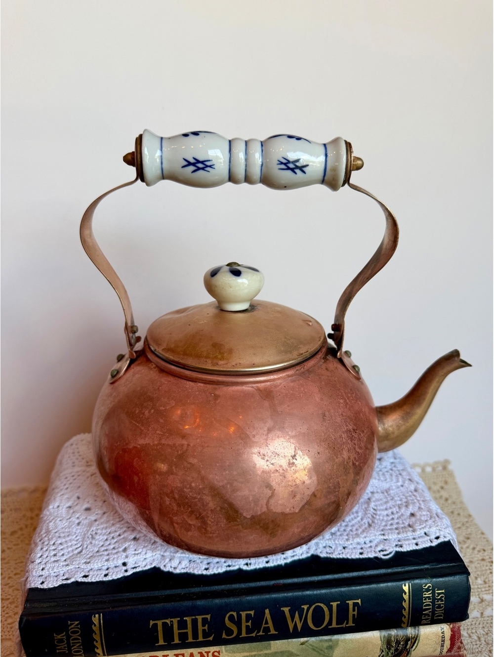 Vintage Copper Tea Kettle Blue White Porcelain Handle Taiwan TAYES